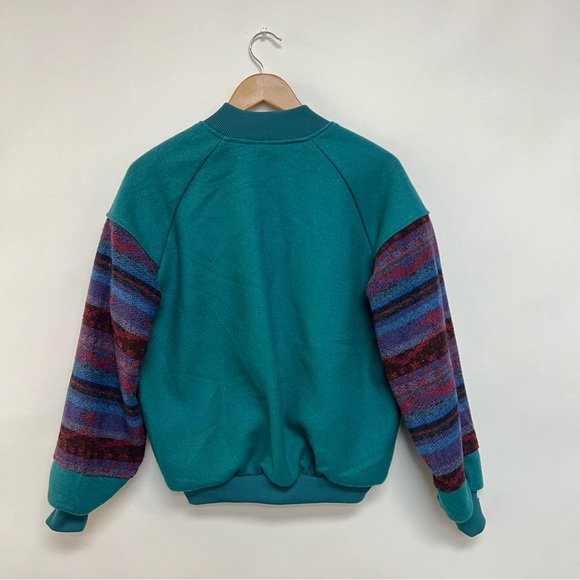 Vintage 1970's Women's Teal Bomber Jacker Wool Varsity Coat Aztec Sleeves US 10 - Picture 9 of 11